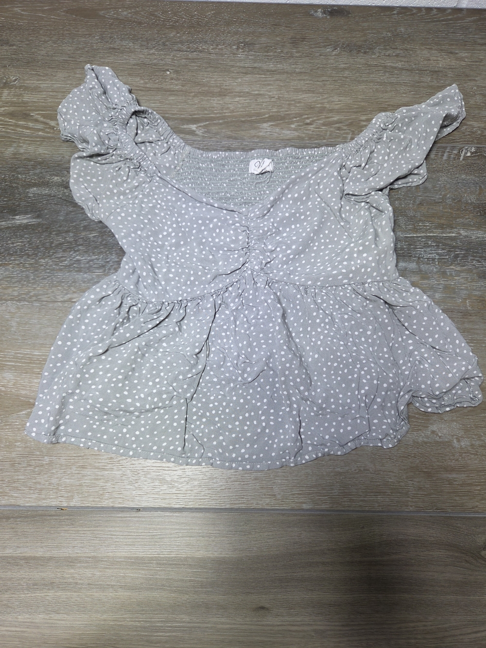 Japna Polka Dot Smocked Peplum Blouse Womens M Gray Ruffle Sleeve